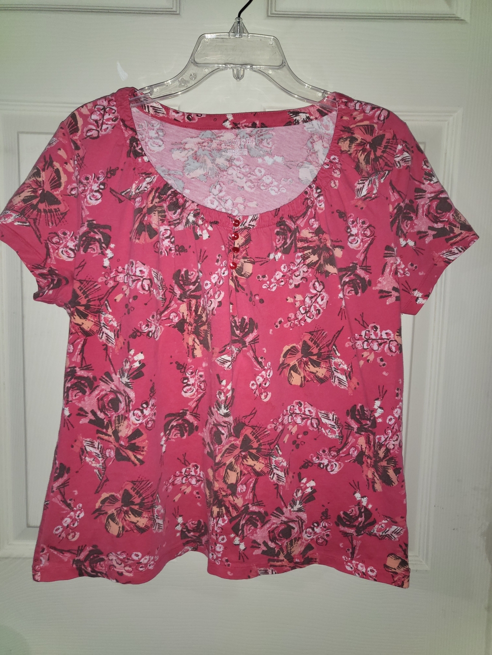 St. John's Bay Pink Floral Short-Sleeve Scoop Neck Top, Large